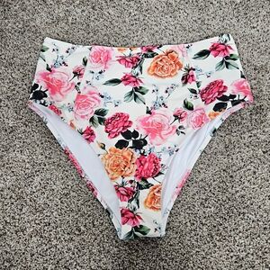 High Rise Floral Pink And White Bikini Bottoms Womens Size L Swimsuit